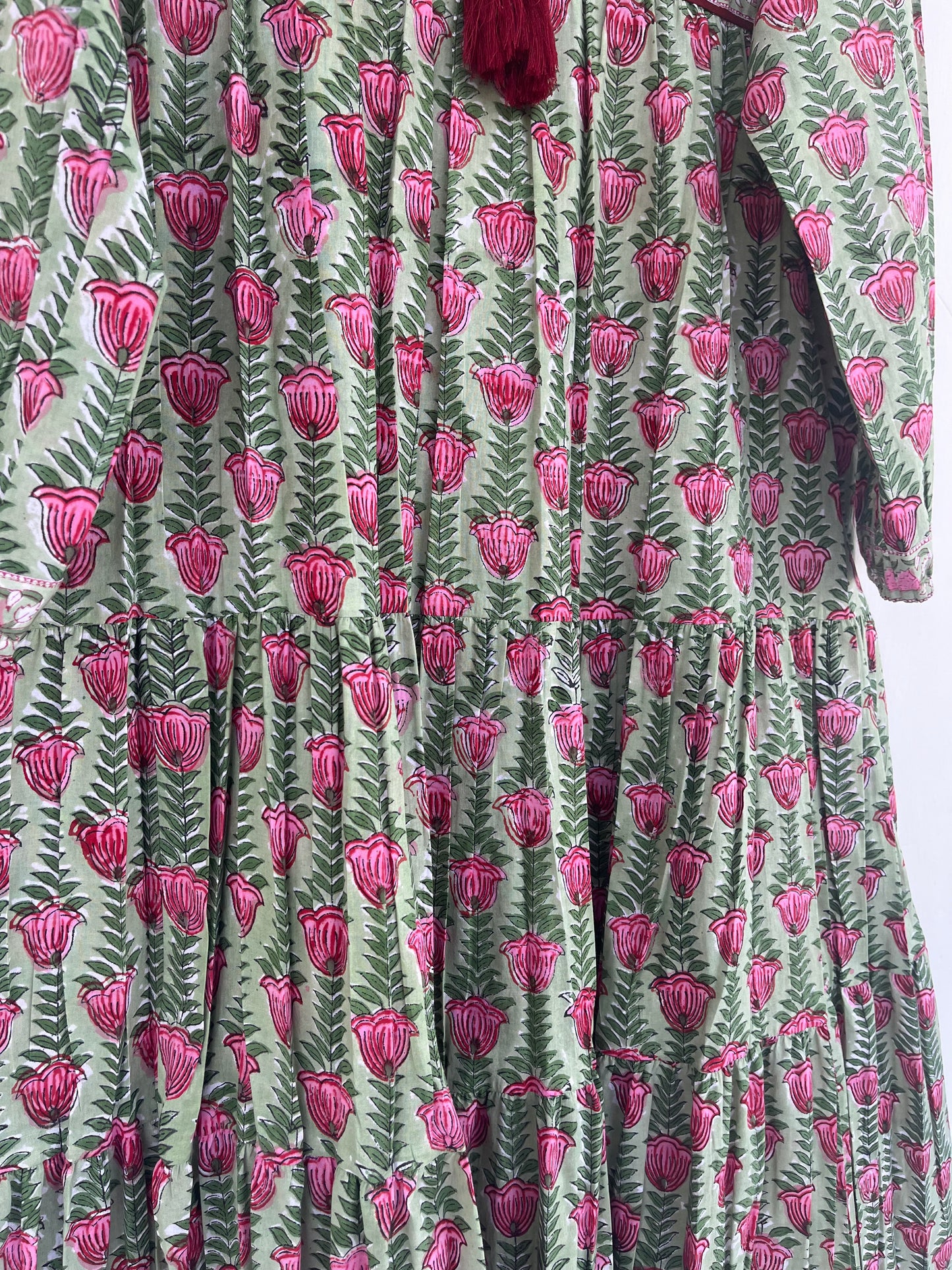 Green Floral Tassel Tie Summer Dress | Handmade Cotton Everyday Wear Dress