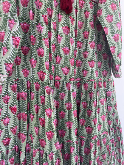 Green Floral Tassel Tie Summer Dress | Handmade Cotton Everyday Wear Dress
