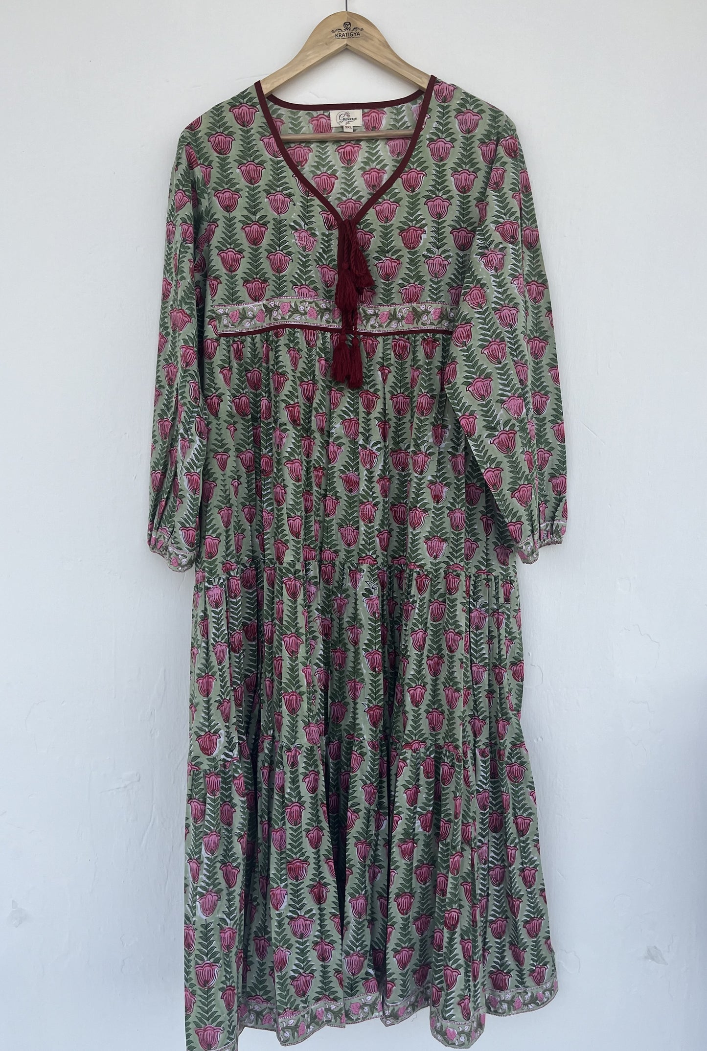 Green Floral Tassel Tie Summer Dress | Handmade Cotton Everyday Wear Dress