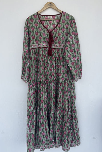 Green Floral Tassel Tie Summer Dress | Handmade Cotton Everyday Wear Dress