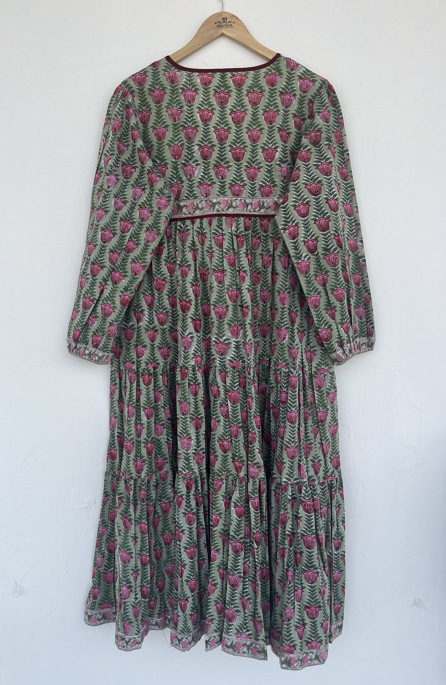 Green Floral Tassel Tie Summer Dress | Handmade Cotton Everyday Wear Dress
