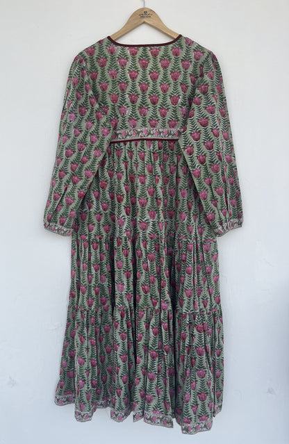 Green Floral Tassel Tie Summer Dress | Handmade Cotton Everyday Wear Dress