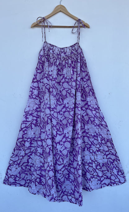 Purple Floral Cotton Maxi Dress for Women | Lightweight Boho Summer Strap Dress
