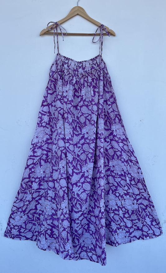 Purple Floral Cotton Maxi Dress for Women | Lightweight Boho Summer Strap Dress