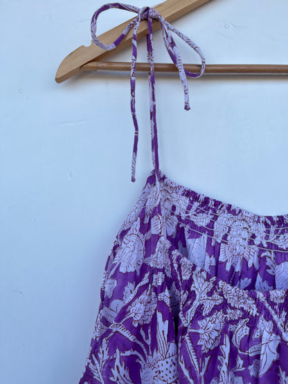 Purple Floral Cotton Maxi Dress for Women | Lightweight Boho Summer Strap Dress
