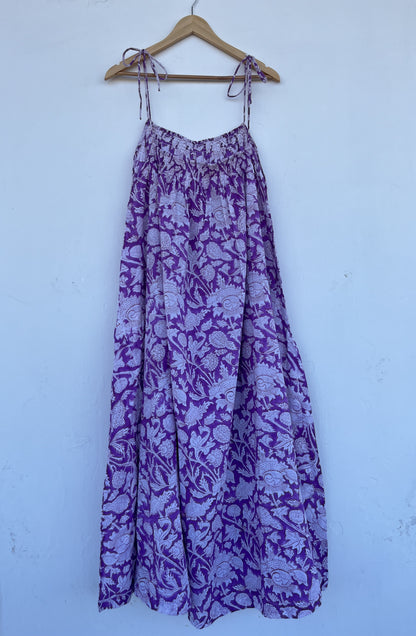 Purple Floral Cotton Maxi Dress for Women | Lightweight Boho Summer Strap Dress