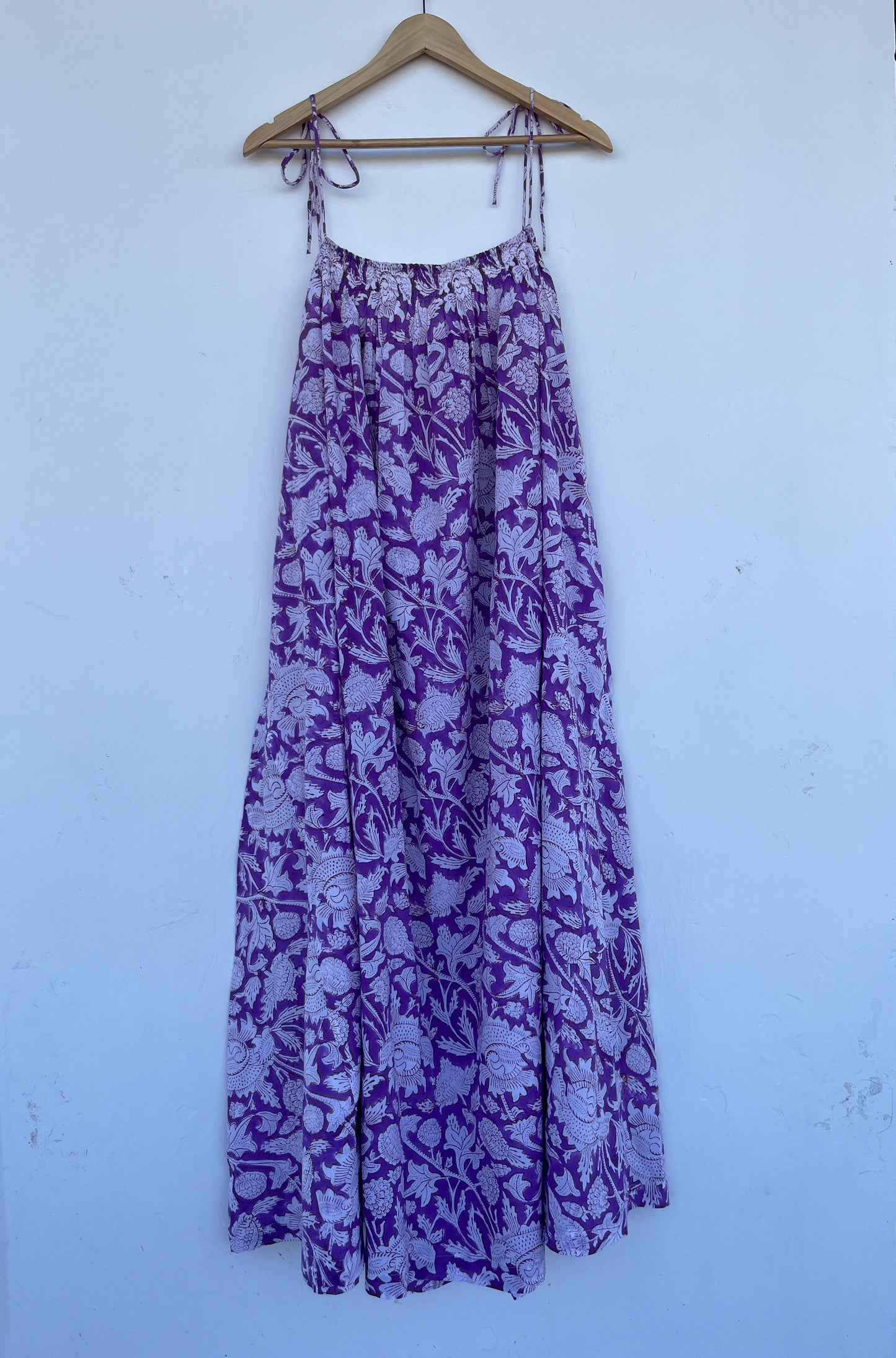 Purple Floral Cotton Maxi Dress for Women | Lightweight Boho Summer Strap Dress