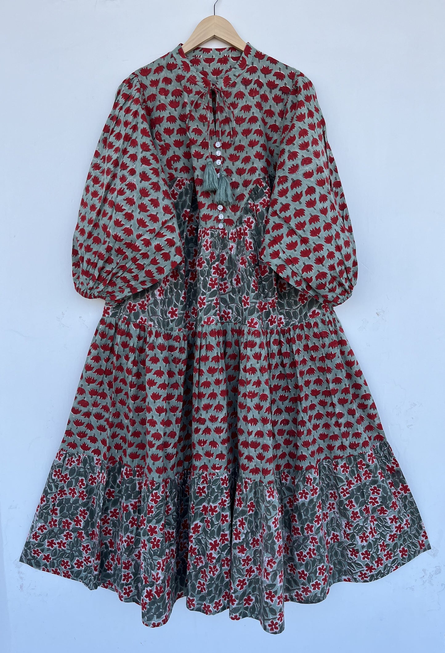 Handmade Cotton Women Boho Dress | Green Floral Block Print Summer Maxi