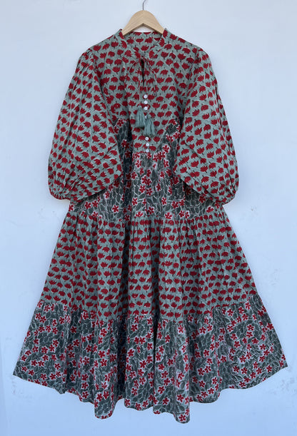 Handmade Cotton Women Boho Dress | Green Floral Block Print Summer Maxi
