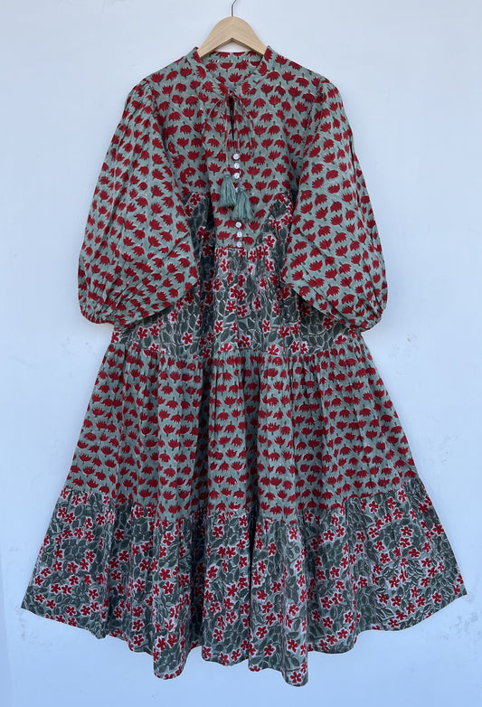 Handmade Cotton Women Boho Dress | Green Floral Block Print Summer Maxi
