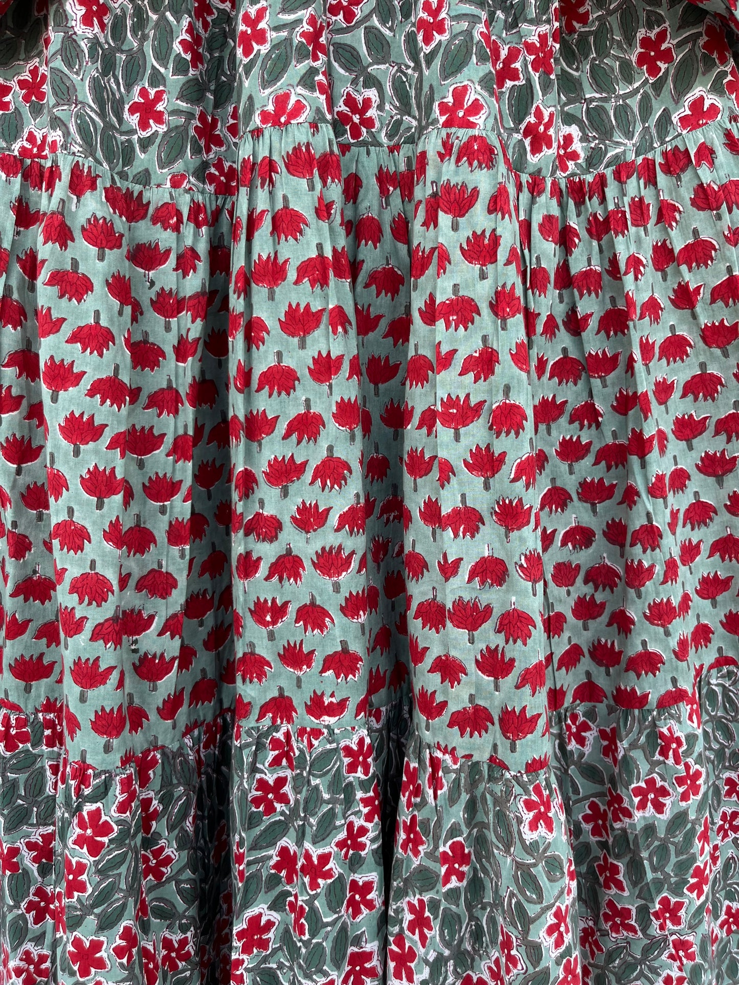 Handmade Cotton Women Boho Dress | Green Floral Block Print Summer Maxi