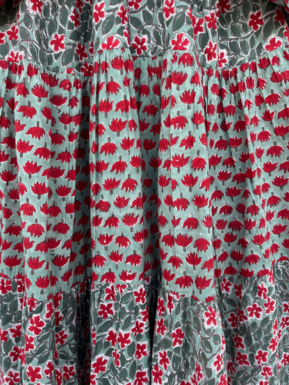 Handmade Cotton Women Boho Dress | Green Floral Block Print Summer Maxi
