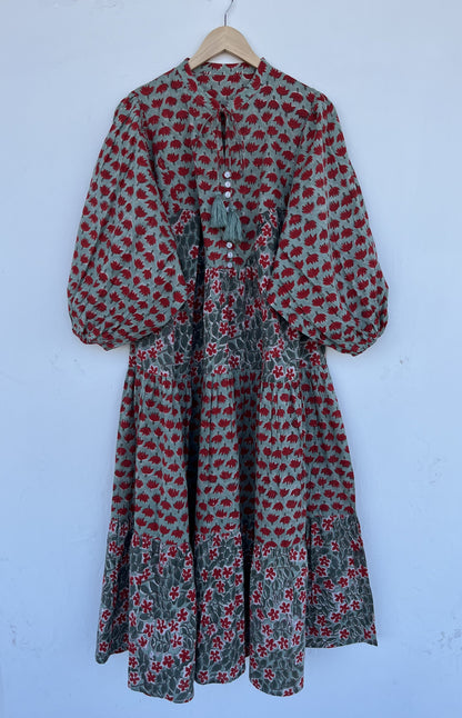 Handmade Cotton Women Boho Dress | Green Floral Block Print Summer Maxi