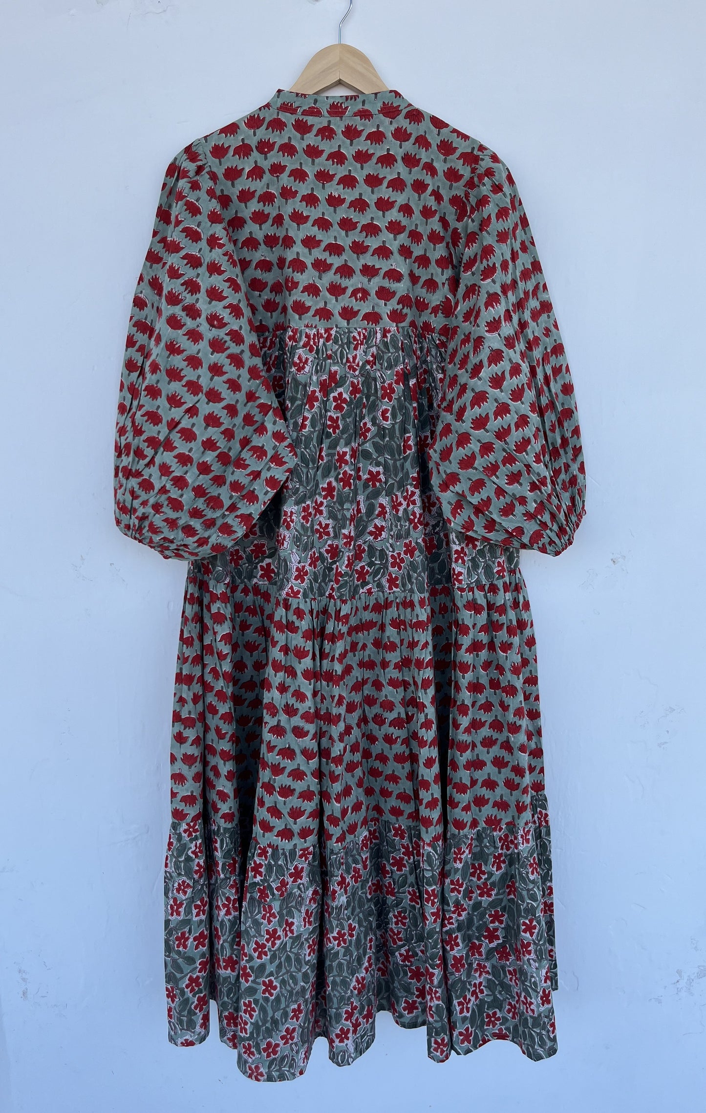 Handmade Cotton Women Boho Dress | Green Floral Block Print Summer Maxi