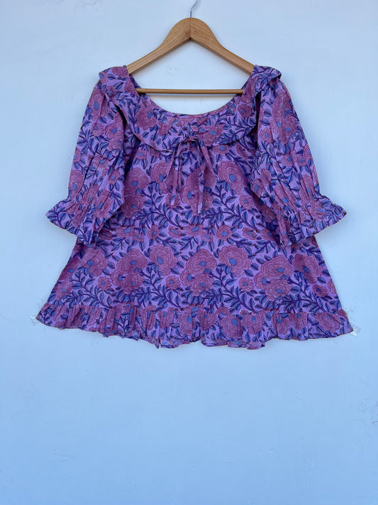 Purple Floral Lightweight Cotton Blouse | Romantic Bohemian Summer Top | Ruffle Sleeve