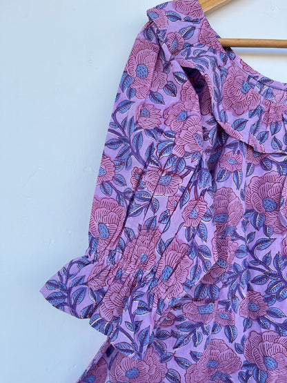Purple Floral Lightweight Cotton Blouse | Romantic Bohemian Summer Top | Ruffle Sleeve