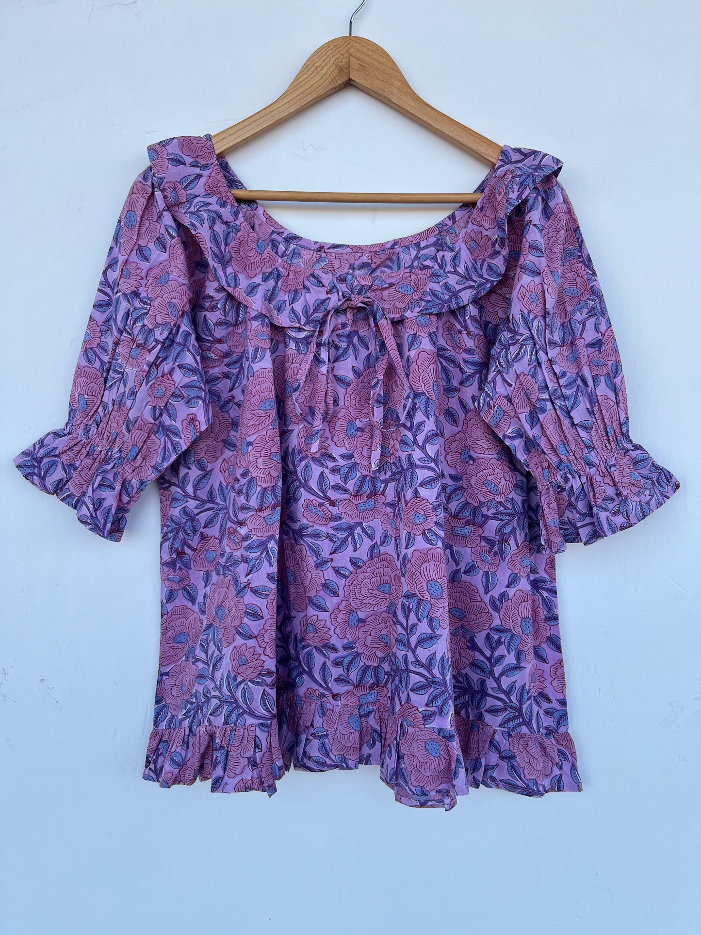Purple Floral Lightweight Cotton Blouse | Romantic Bohemian Summer Top | Ruffle Sleeve