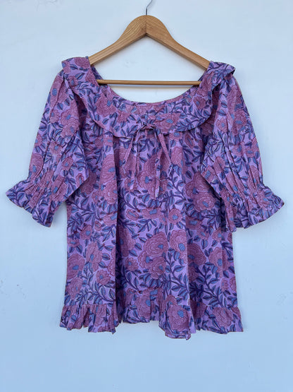 Purple Floral Lightweight Cotton Blouse | Romantic Bohemian Summer Top | Ruffle Sleeve