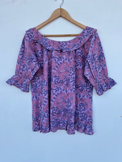 Purple Floral Lightweight Cotton Blouse | Romantic Bohemian Summer Top | Ruffle Sleeve