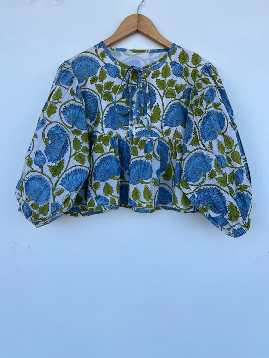 Blue Green Floral Cotton Blouse | Relaxed Fit Boho Top | Handmade Comfy Tunic