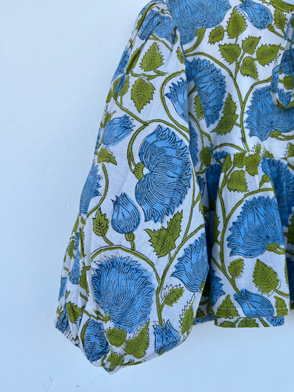Blue Green Floral Cotton Blouse | Relaxed Fit Boho Top | Handmade Comfy Tunic