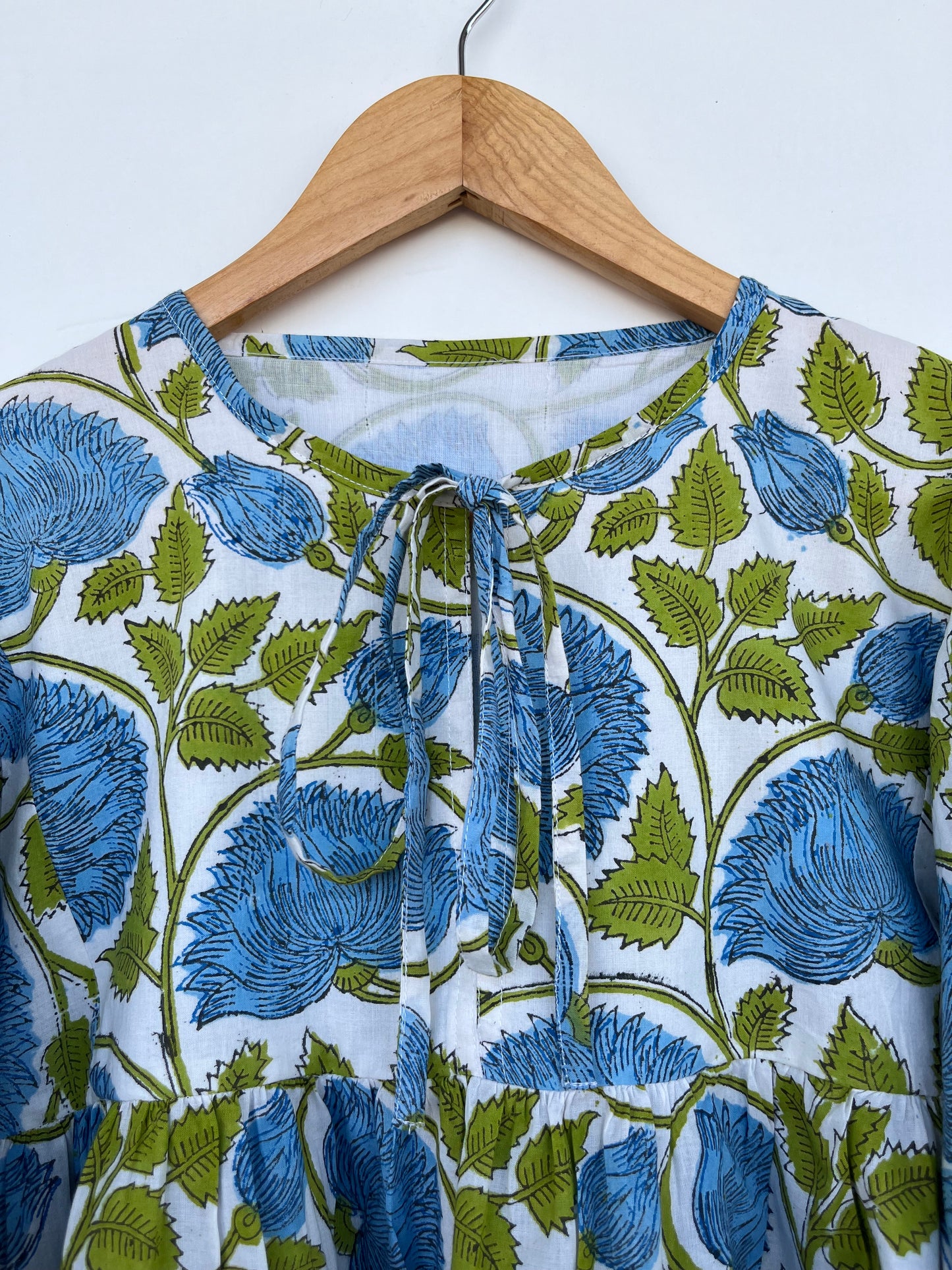 Blue Green Floral Cotton Blouse | Relaxed Fit Boho Top | Handmade Comfy Tunic