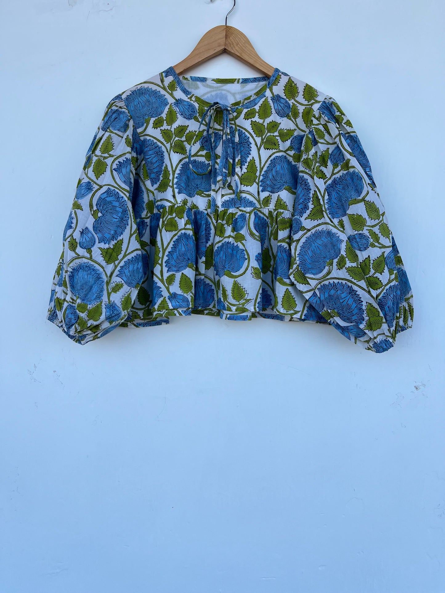 Blue Green Floral Cotton Blouse | Relaxed Fit Boho Top | Handmade Comfy Tunic