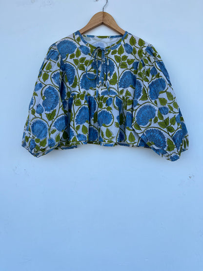 Blue Green Floral Cotton Blouse | Relaxed Fit Boho Top | Handmade Comfy Tunic