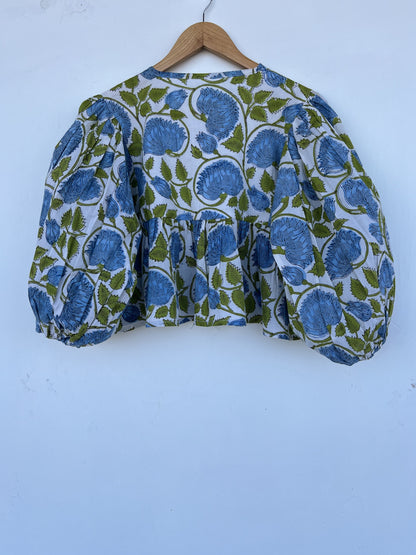 Blue Green Floral Cotton Blouse | Relaxed Fit Boho Top | Handmade Comfy Tunic