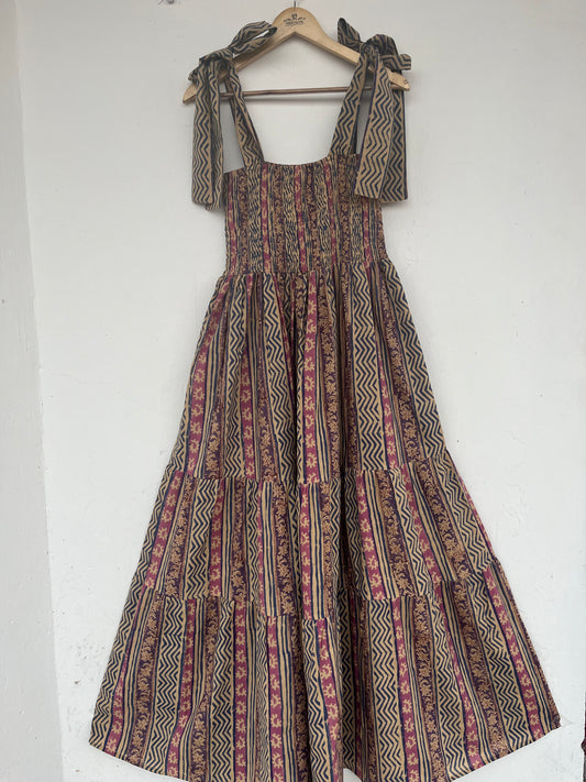 Boho Hand Block Printed Cotton Tiered Maxi Dress with Shoulder Tie Straps