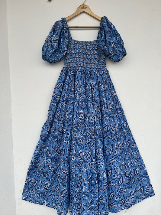 Blue Floral Shirred Cotton Maxi Dress with Puff Sleeves