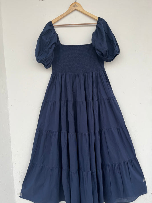 Solid Navy Blue Cotton Maxi Dress with Puff Sleeves and Smocked Bodice