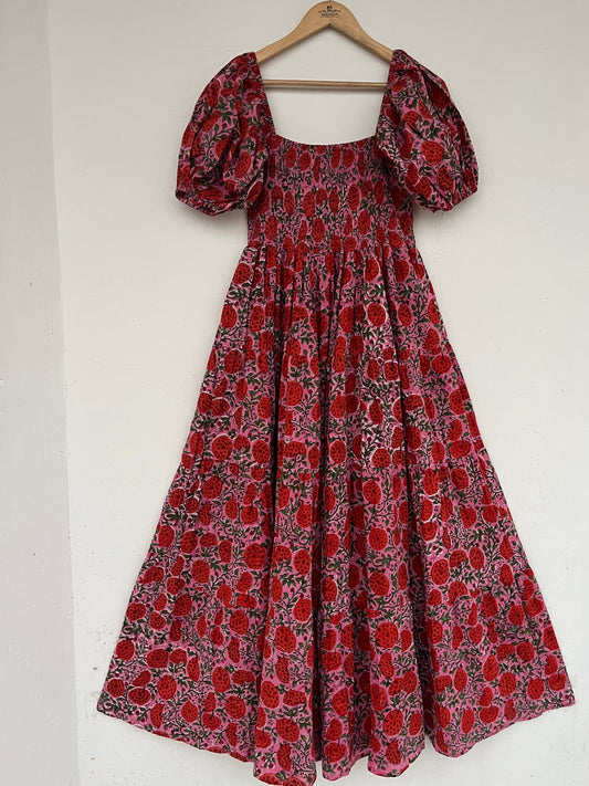 Red Floral Smocked Cotton Maxi Dress with Puff Sleeves