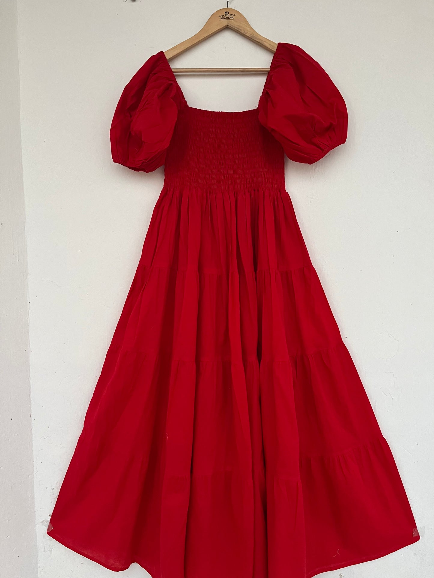 Solid Red Cotton Puff Sleeve Shirred Maxi Dress