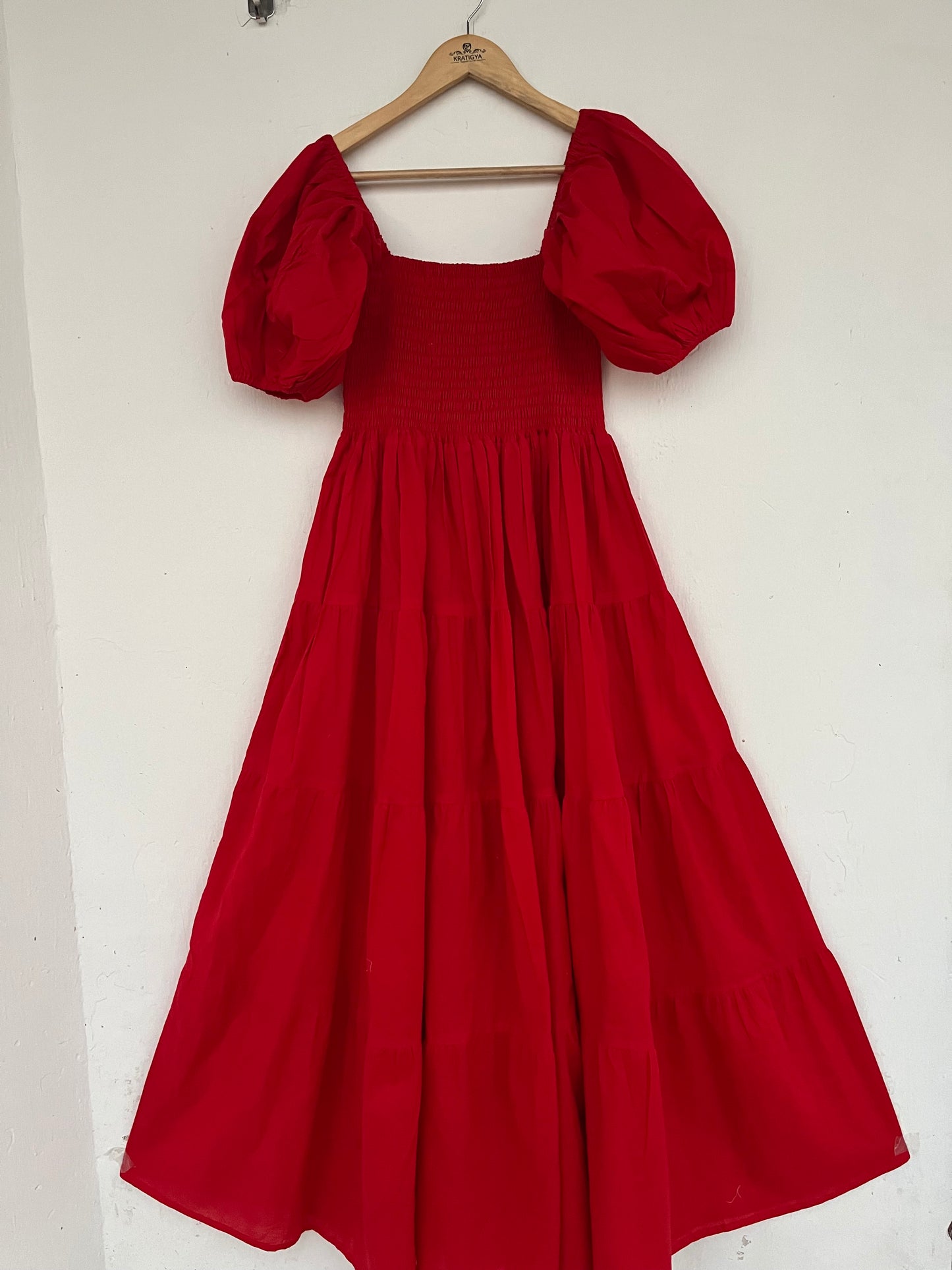 Solid Red Cotton Puff Sleeve Shirred Maxi Dress