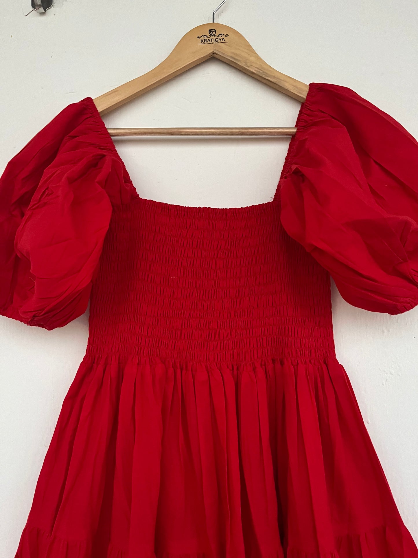 Solid Red Cotton Puff Sleeve Shirred Maxi Dress