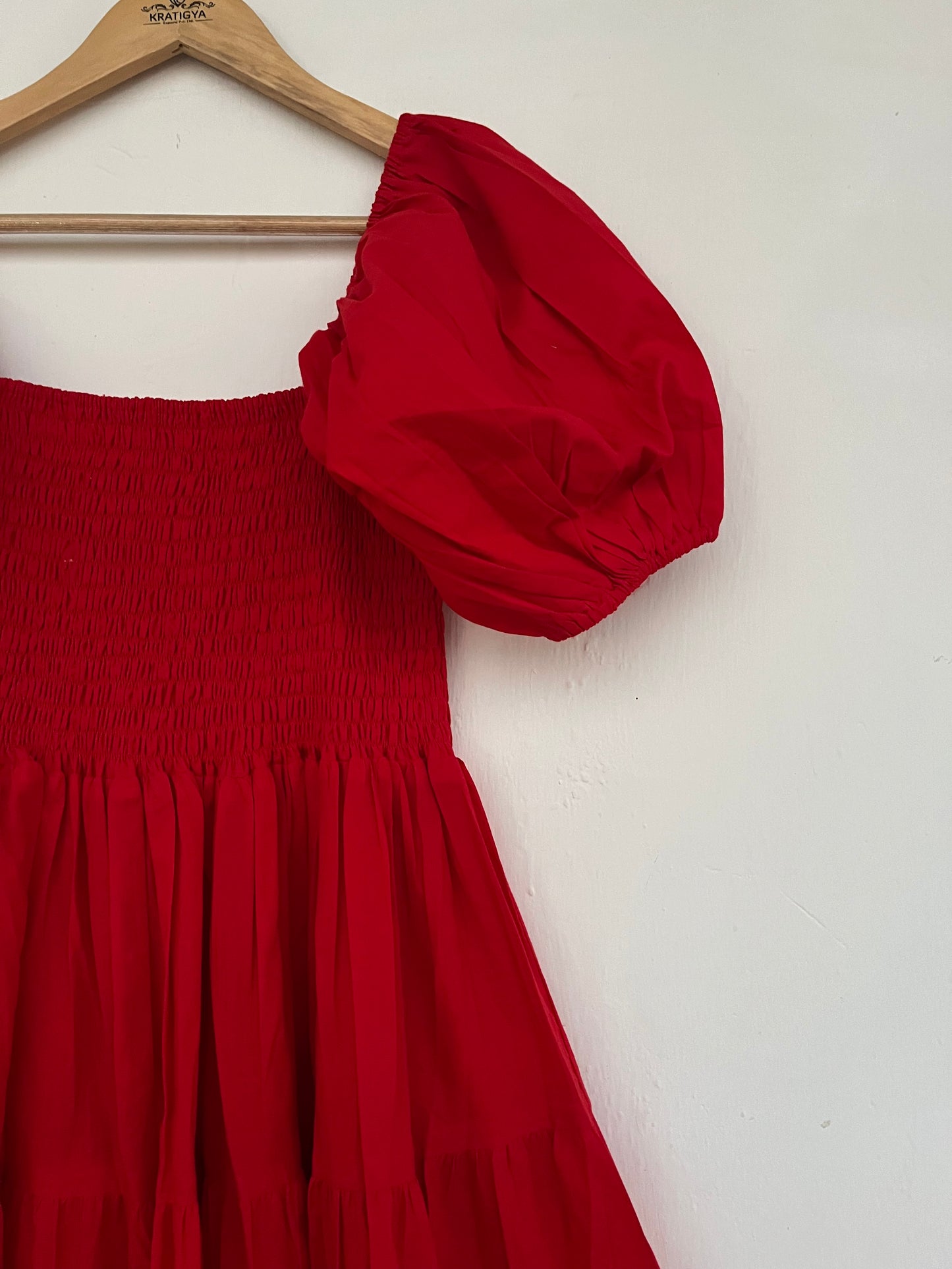 Solid Red Cotton Puff Sleeve Shirred Maxi Dress