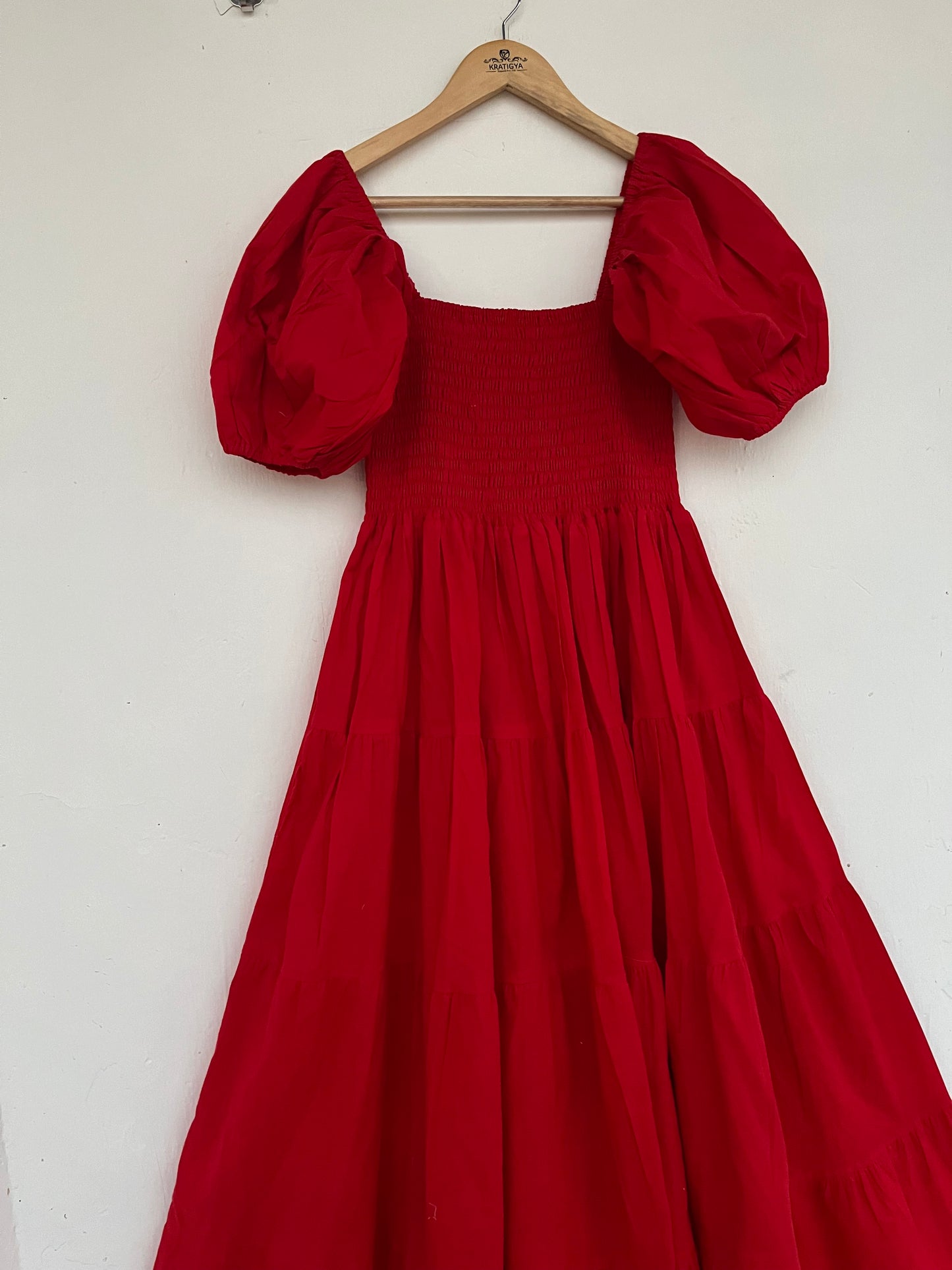 Solid Red Cotton Puff Sleeve Shirred Maxi Dress