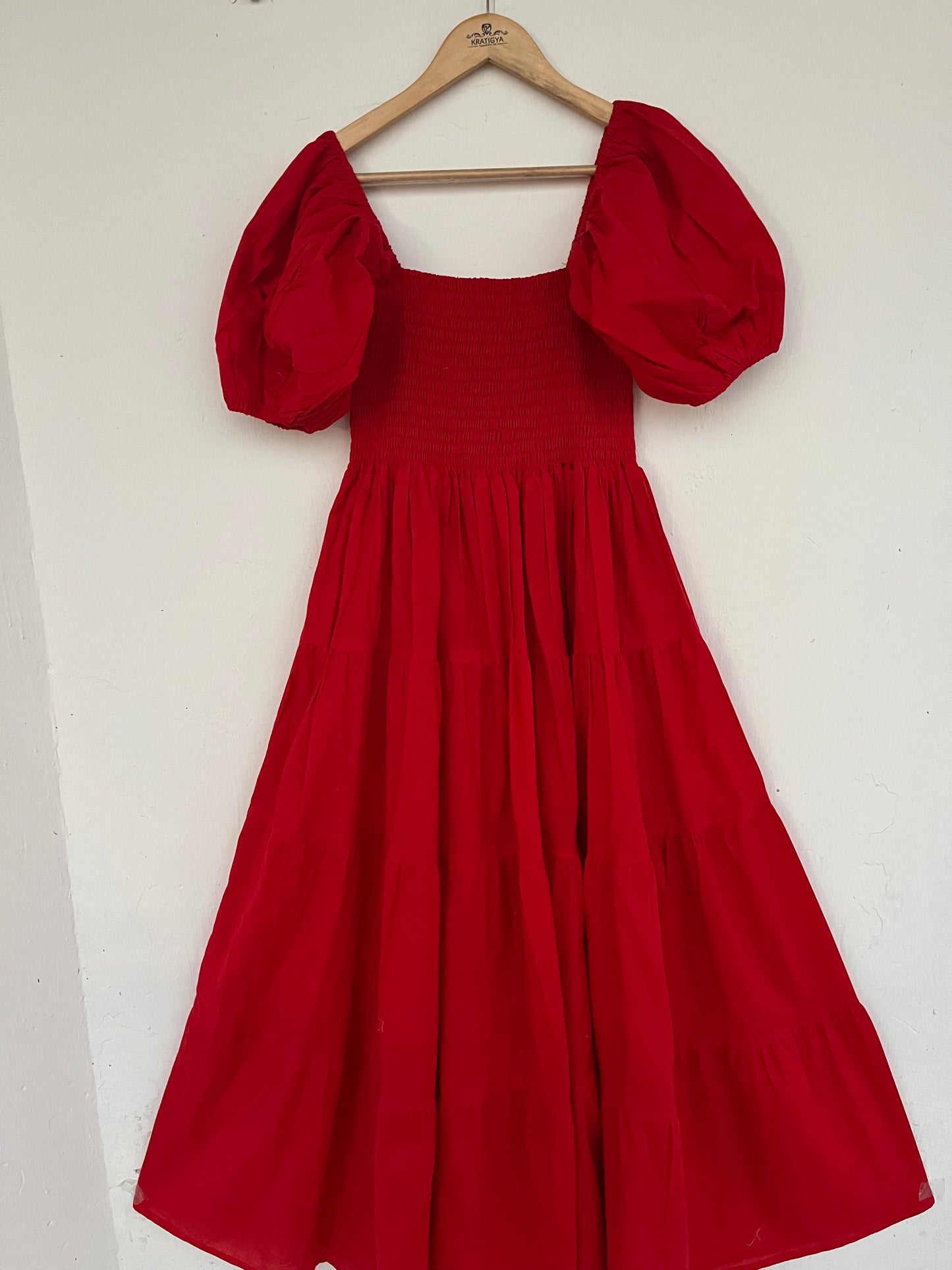 Solid Red Cotton Puff Sleeve Shirred Maxi Dress