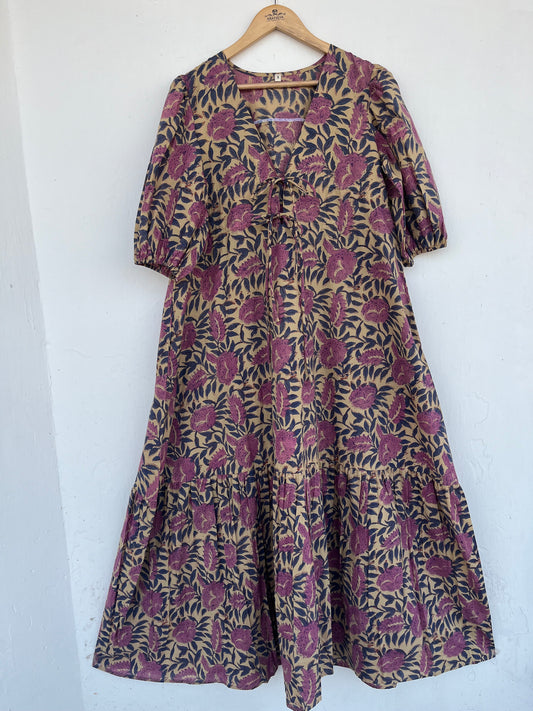 Deep V Neck Beige Hand Block Printed Cotton Maxi Dress