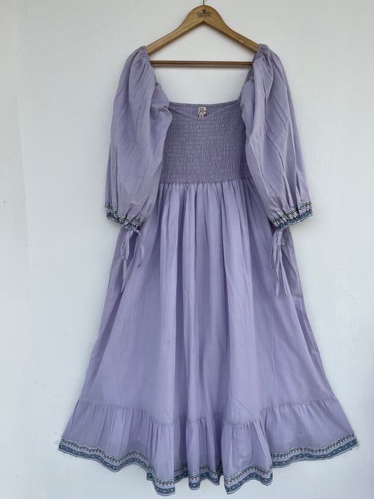 Eyelet Cotton Long Maxi Shirred Dress With Block Print Border