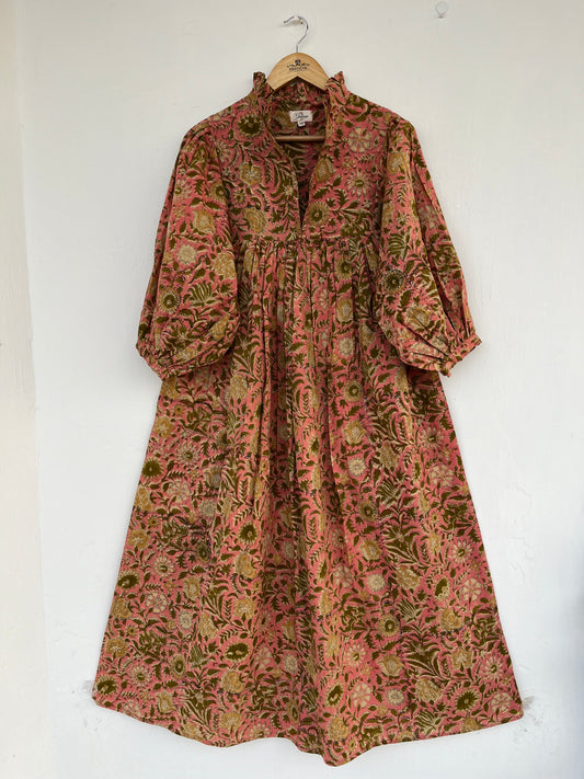 Hand Block Printed Cotton Maxi Dress With Frill Collar