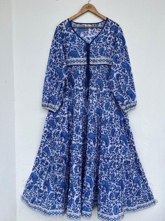 Blue White Floral Maxi Dress With Tassel