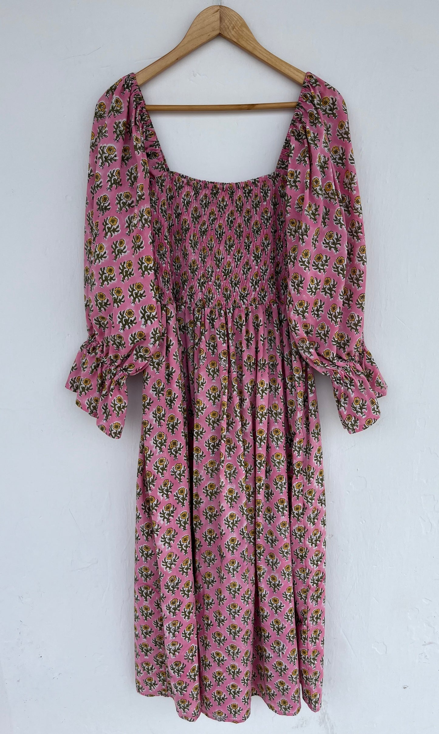 Pink Floral Square Neck Long Cotton Dress | Picnic Vacation Outfit