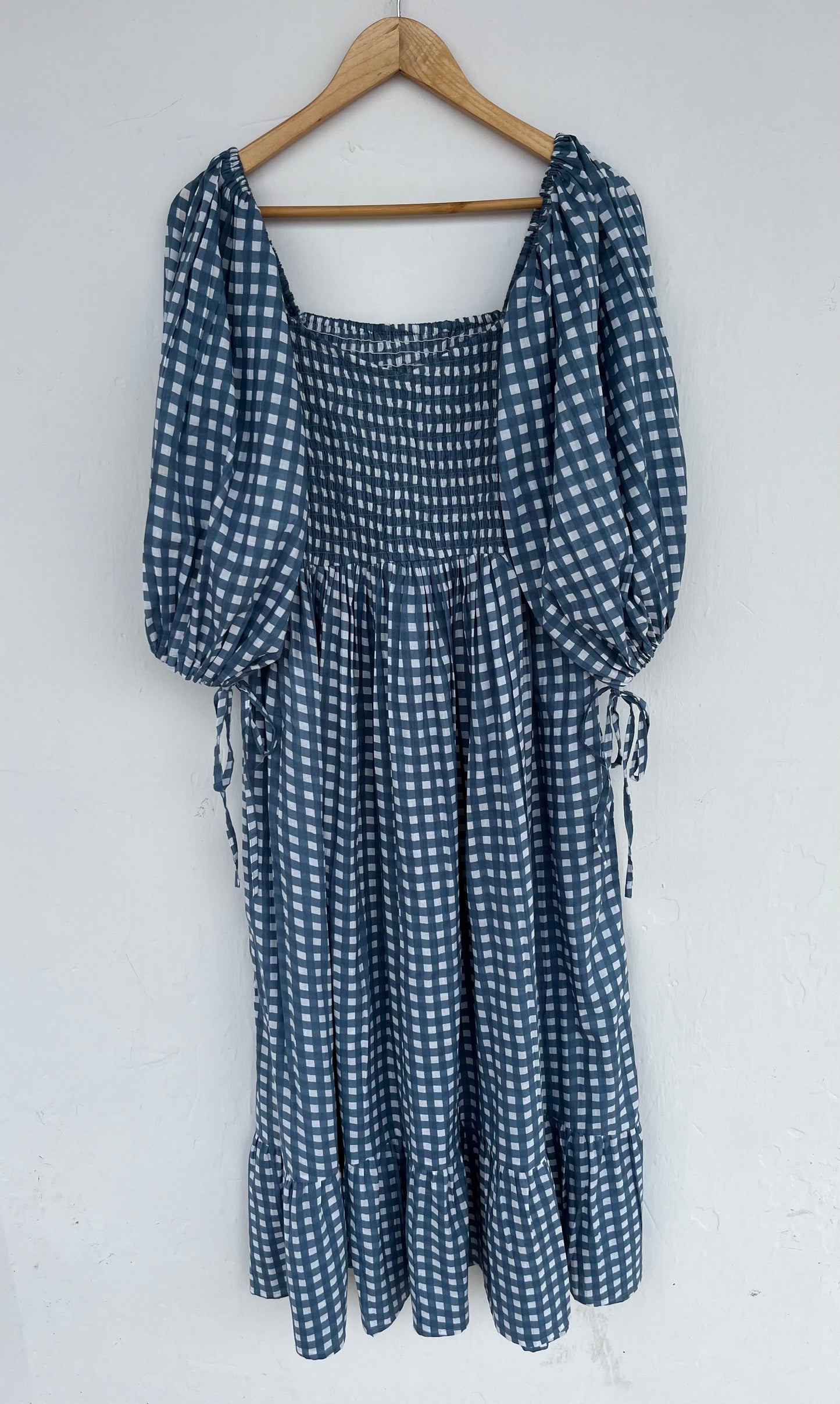 Checkered Blue Cotton Shirred Summer Dress | Women's Boho Casual Wear