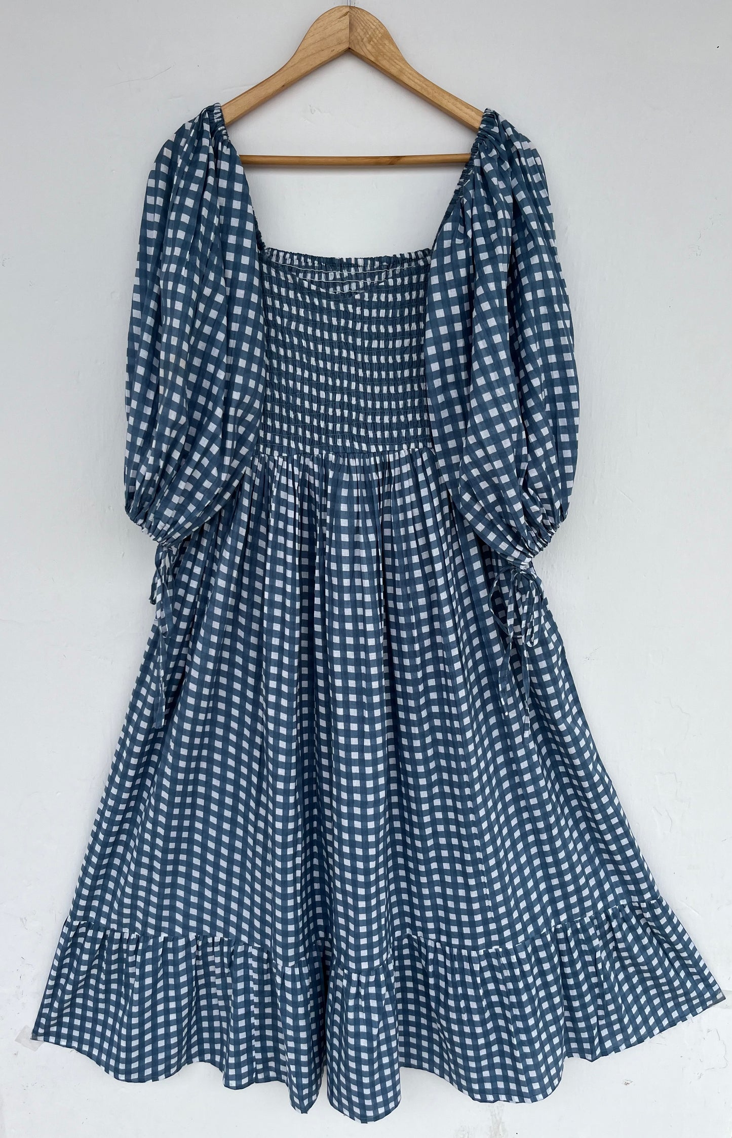 Checkered Blue Cotton Shirred Summer Dress | Women's Boho Casual Wear