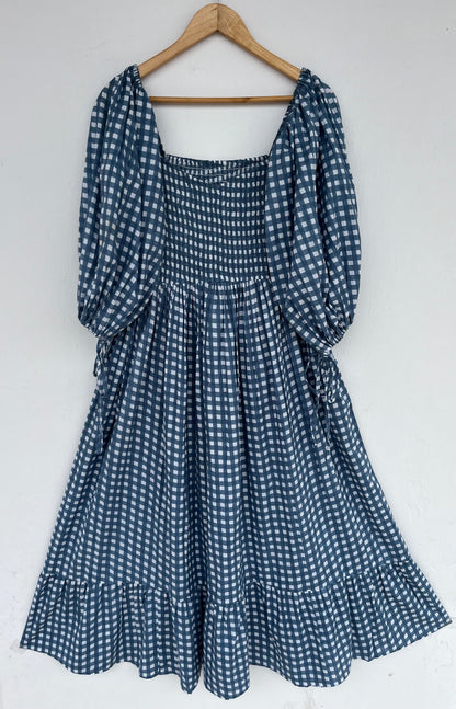 Checkered Blue Cotton Shirred Summer Dress | Women's Boho Casual Wear