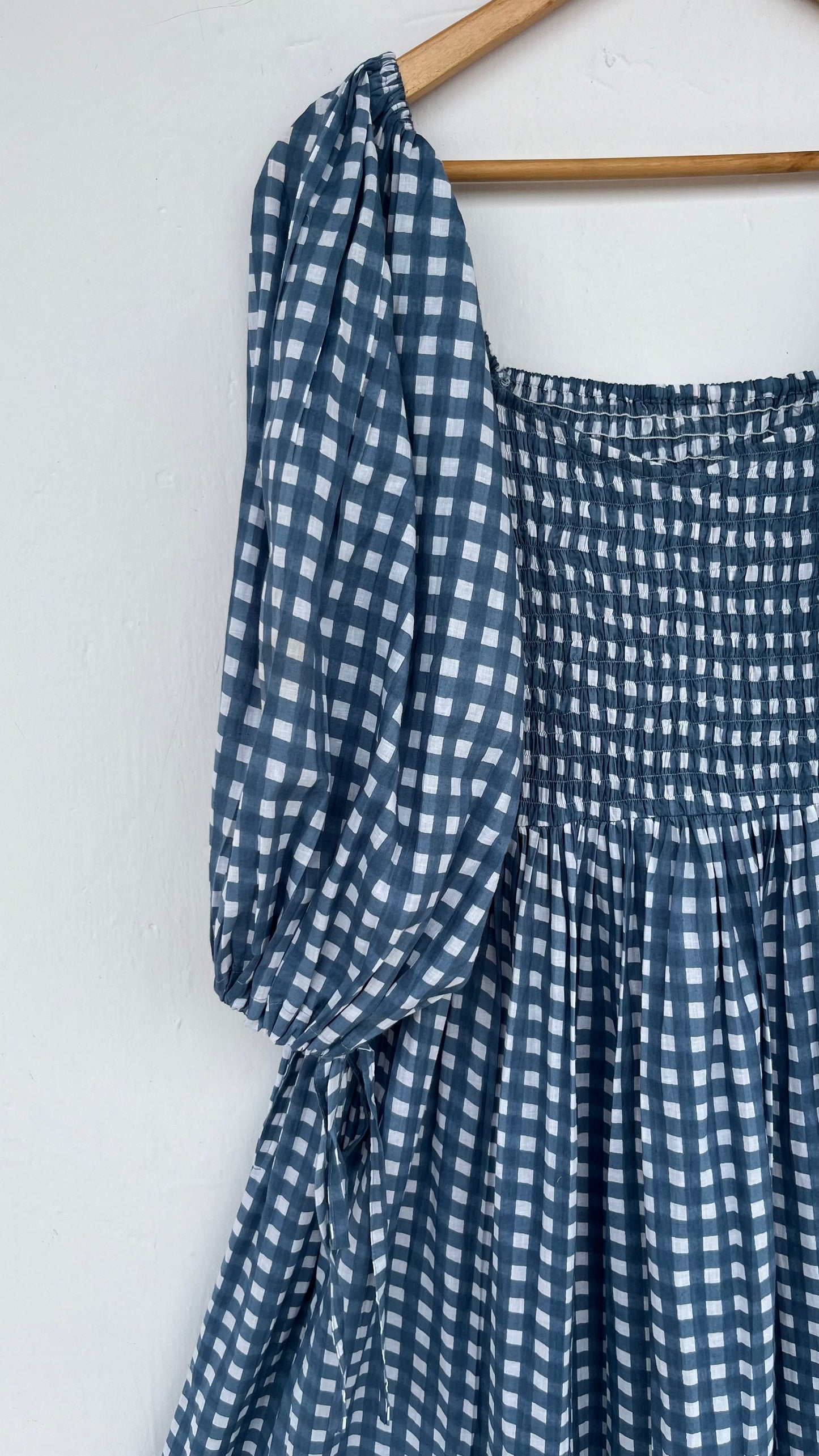 Checkered Blue Cotton Shirred Summer Dress | Women's Boho Casual Wear