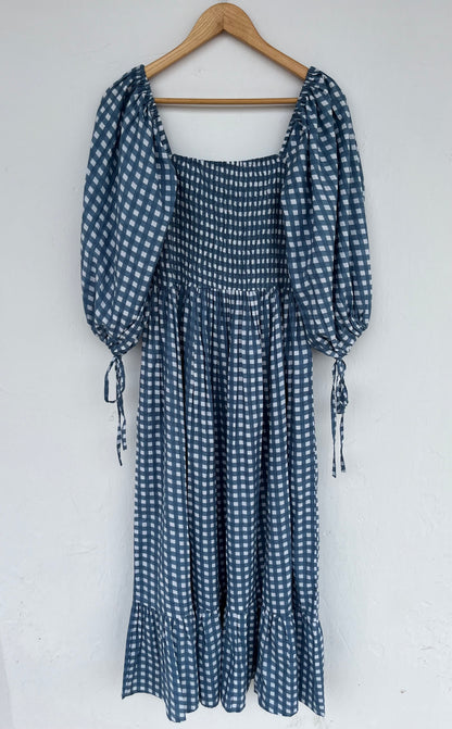 Checkered Blue Cotton Shirred Summer Dress | Women's Boho Casual Wear