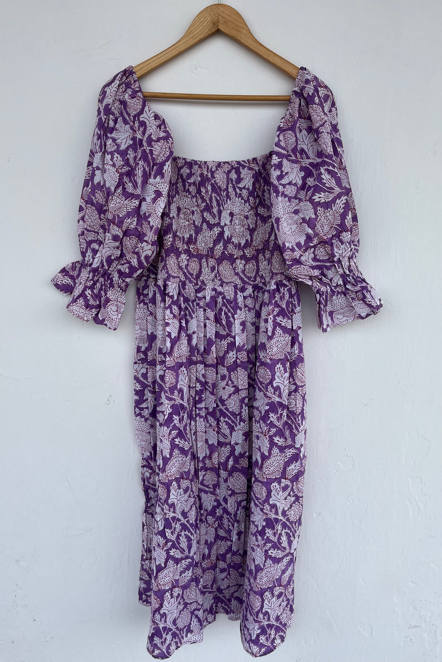 Purple Floral Shirred Cotton Dress | Boho Summer Women Wear
